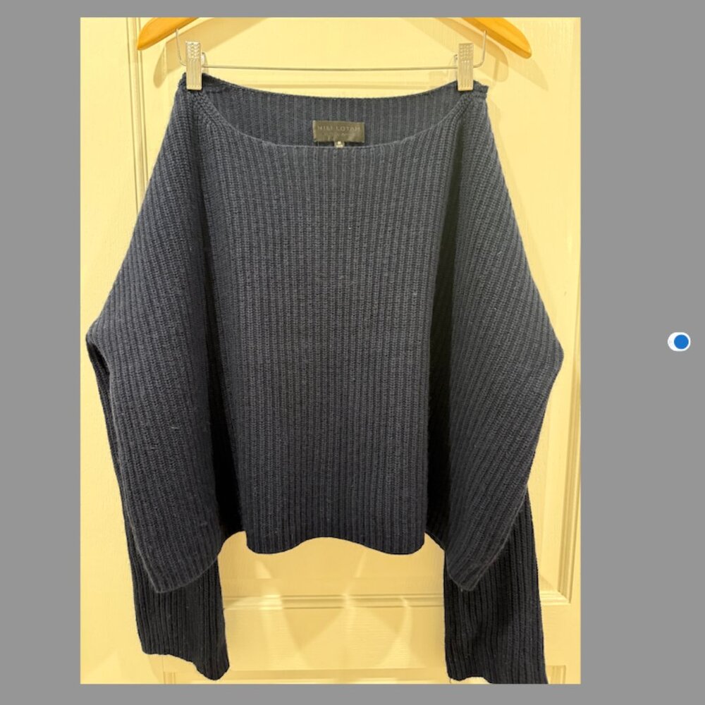 Nili Lotan Navy Boxy Cashmere/Cotton Blend Cropped Sweater, Size Medium